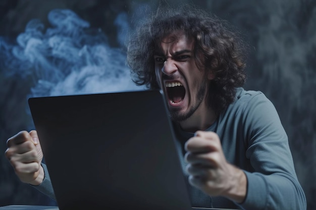 Foto o programador está furioso e indignado e expressivamente trabalha em seu laptop