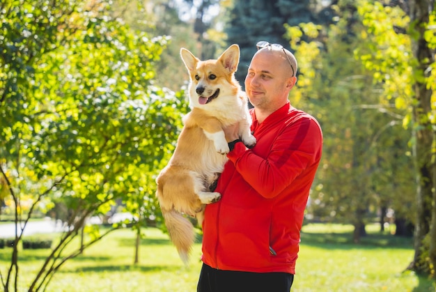 O proprietário brinca com o cachorro corgi galês no parque