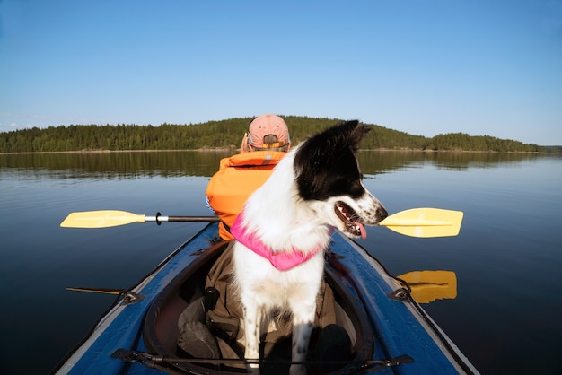O proprietário e o cachorro em um colete salva-vidas flutuando em um barco de caiaque