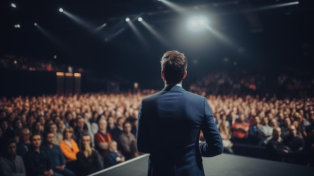 O público escuta o palestrante na sala de conferências