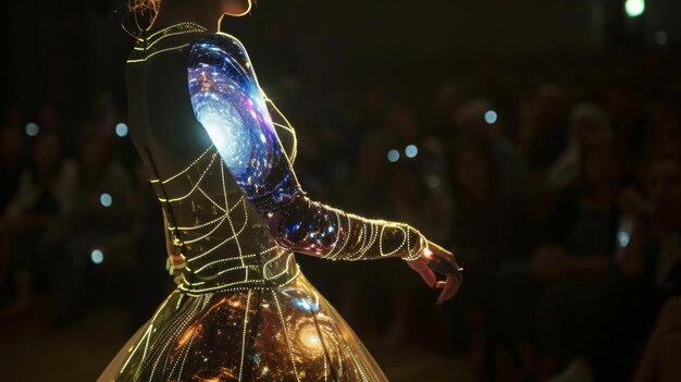 O público suspira quando uma exibição holográfica aparece no braço de um vestido projetando uma imagem em movimento