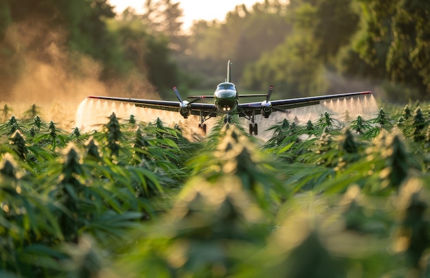 Foto o pulverizador de culturas pulveriza produtos químicos agrícolas, incluindo glifosato ou herbicidas à base de glifosato, sobre o campo de vegetação