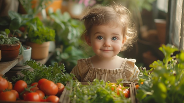 O quarto da enfermeira 39 inclui alimentos, vegetais e uma menina a divertir-se com eles.