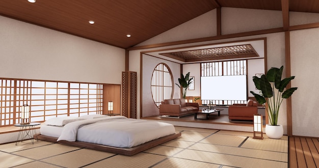 O quarto de cama, estilo minimalista japonês. renderização em 3D