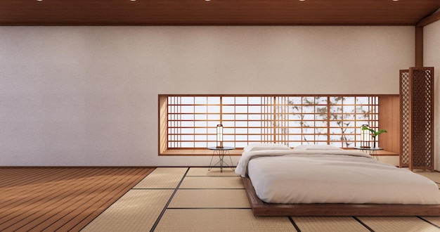 O quarto de cama, estilo minimalista japonês. renderização em 3D