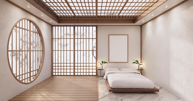 O quarto de cama, estilo minimalista japonês. renderização em 3D