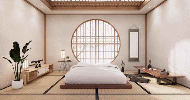 O quarto de cama, estilo minimalista japonês. renderização em 3D