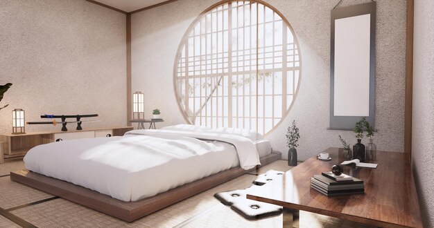 O quarto de cama, estilo minimalista japonês. renderização em 3D