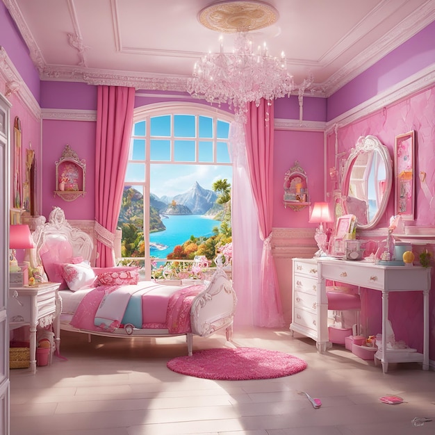 O quarto dos sonhos da Barbie é rosa.