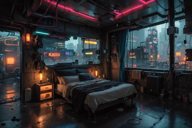 O quarto escuro de uma cidade cyberpunk.