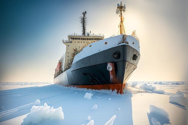 O quebra-gelo quebra montes de gelo e blocos de gelo no Oceano Ártico contra o céu dramático Ilustração generativa de IA