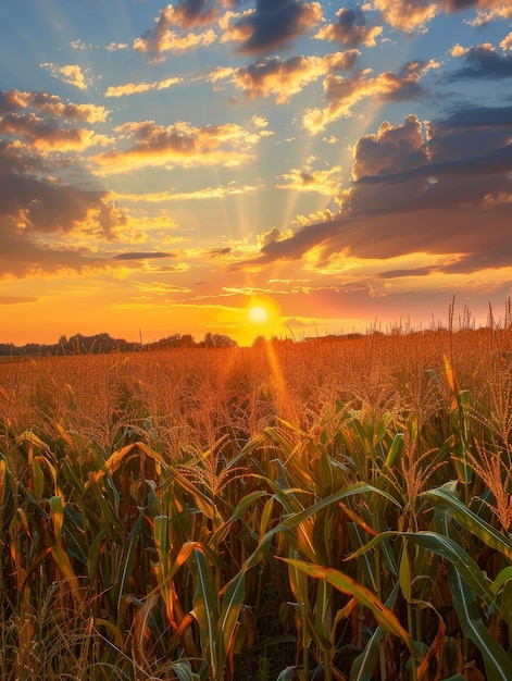 O radiante céu do pôr-do-sol brilha acima de um campo de milho maduro, sinalizando a hora da colheita