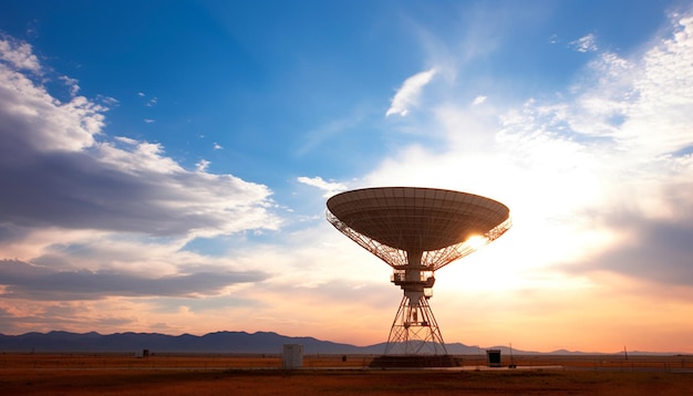 Foto o radiotelescópio sunset silhouette explora a comunicação da natureza gerada pela ia