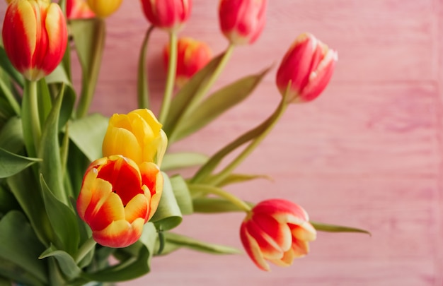 O ramalhete de tulipas amarelas, vermelhas e cor-de-rosa em um fundo de madeira cor-de-rosa copia o espaço.