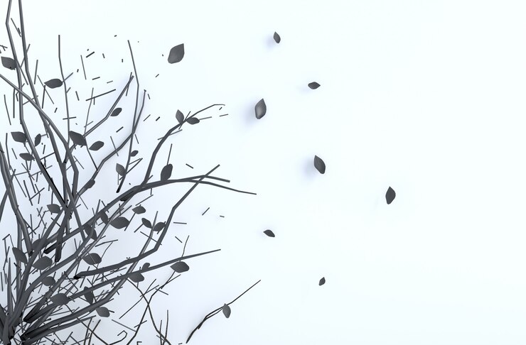 Foto o ramo de árvore e o sopro escuros saem na parede do cimento branco. fundo 3d render.
