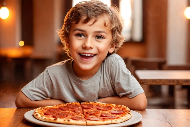 O rapaz está a comer pizza num restaurante ou numa pizzeria.