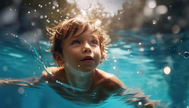 O rapaz está debaixo d'água numa pequena piscina.