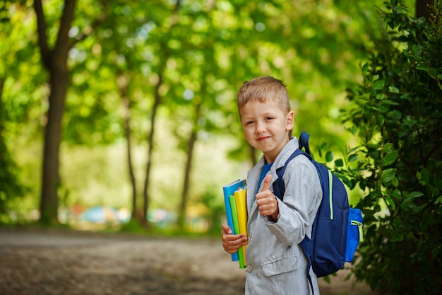 O rapaz pequeno bonito da criança com livros e trouxa, mostras classifica no fundo verde da natureza. volta ao conceito de escola.