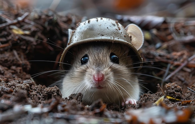 O rato está a usar um pequeno balde de metal na cabeça.