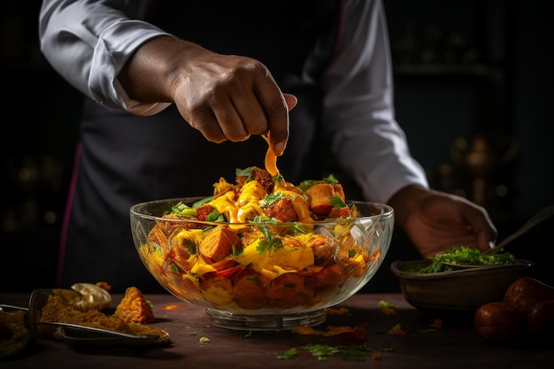 O recheio de pakora sendo misturado em uma tigela de vidro