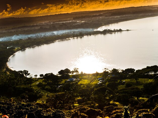 Foto o reflexo das árvores no lago calmo