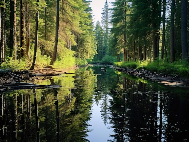 O reflexo de um espelho de uma floresta densa em um rio pristino e quieto