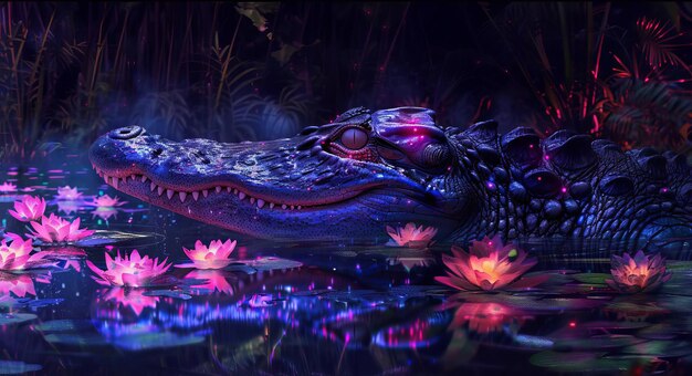 Foto o reflexo de um jacaré cyberpunk é distorcido na água do pântano de néon ao lado de um campo de lírios luminescentes