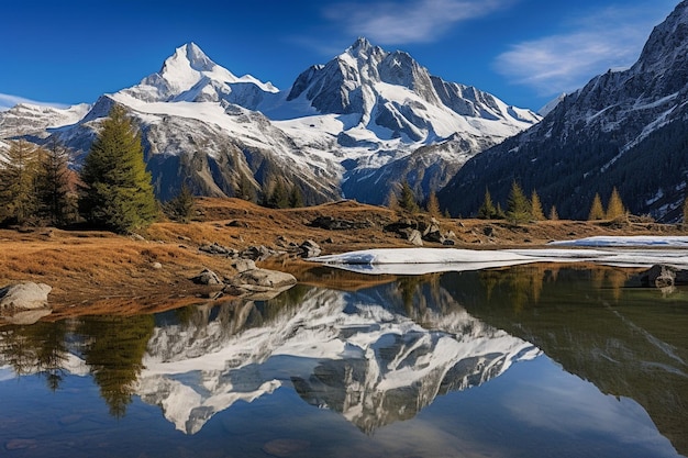 O reflexo de um pico coberto de neve num lago alpino parecido com um espelho