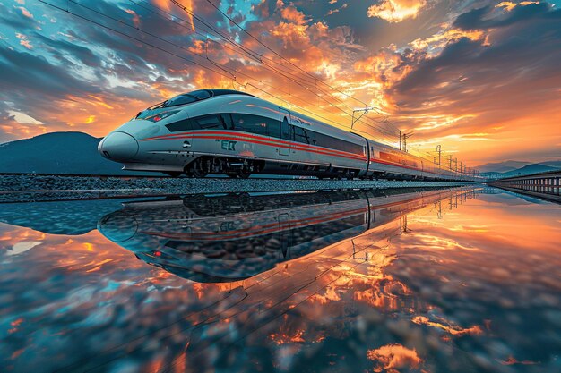 Foto o reflexo de um trem de alta velocidade passando pela superfície do lago