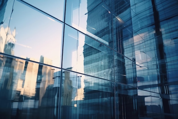 O reflexo dos edifícios nas janelas de vidro de uma IA geradora de edifícios