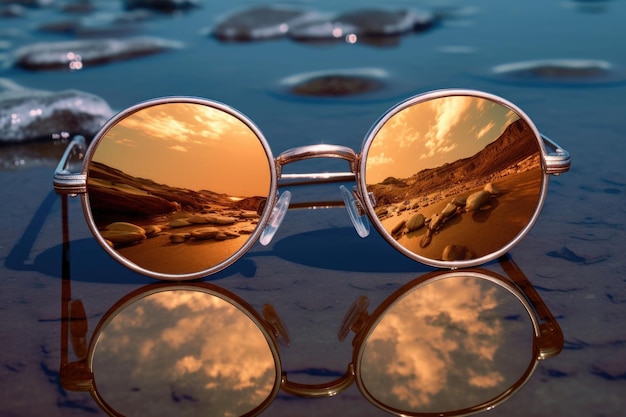 O reflexo nos óculos de sol mostra a praia do mar Conceito de verão Ilustração generativa de IA