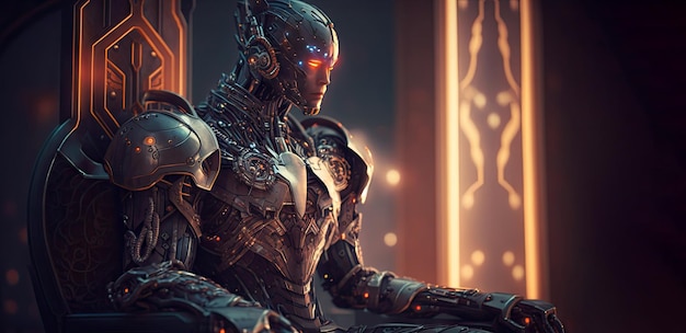 O rei de Cyborg Inteligência artificial com trono e coroa Poderoso dos reis Generative AI