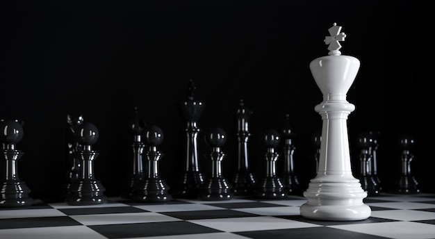 O rei do xadrez está entre várias peças de xadrez branco na ilustração 3D
