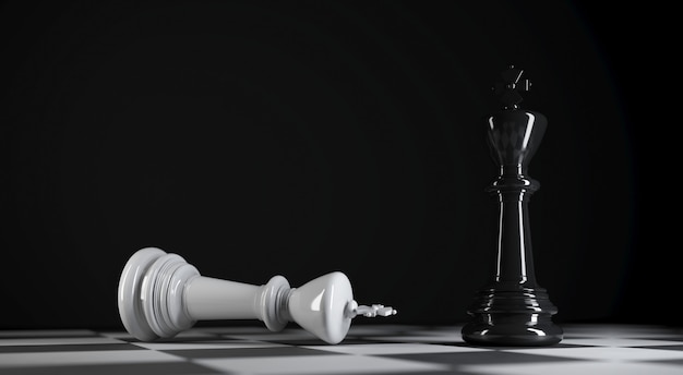Posição de pé do rei de xadrez vermelho derrotando o rei de xadrez de metal  apoiado por 2 peões ilustração 3d