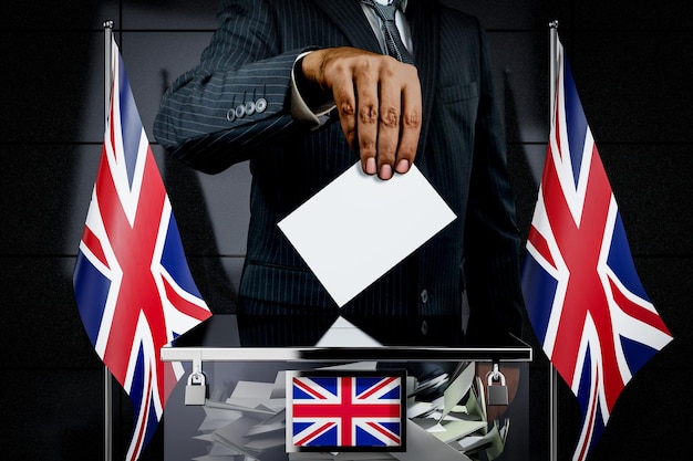 Foto o reino unido sinaliza a mão deixando cair o conceito de eleição do cartão de votação ilustração 3d