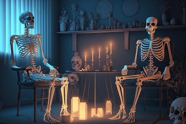 O relaxamento dos esqueletos humanos relaxa na sala com velas acesas
