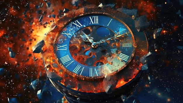 O relógio sendo destruído de forma cinematográfica com o conceito de tempo está acabando, papel de parede de fundo