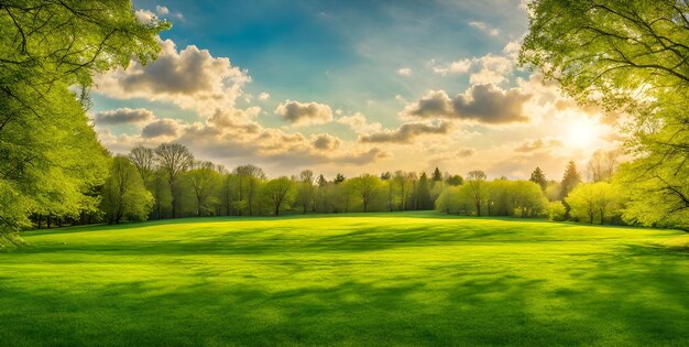 O relvado fresco da primavera sob o céu ensolarado