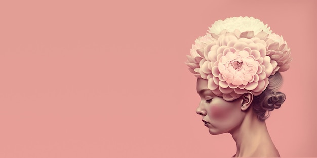 O retrato da cabeça de uma mulher apresenta delicadas flores cor-de-rosa em fundo rosa pastel com espaço para cópia