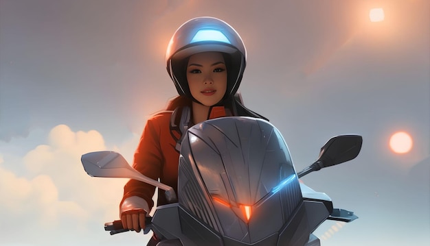 O retrato da ilustração da mulher asiática monta uma arte generativa da bicicleta por AI