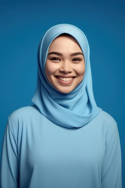 O retrato da mulher asiática bonita com hijab está sorrindo no fundo azul