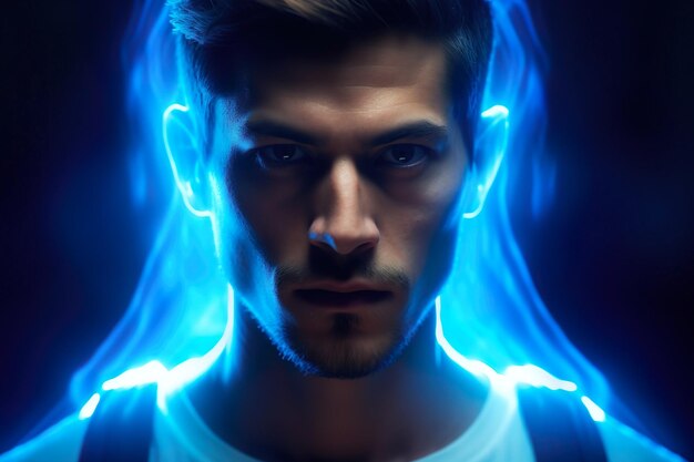 o retrato de homem com efeitos visuais de luzes azuis