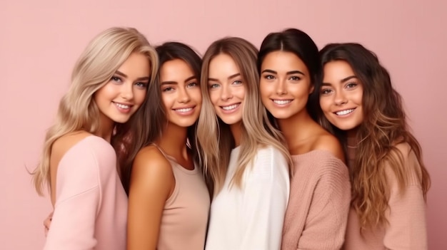 O retrato de IA generativa retrata um grupo de jovens mulheres magras vestindo roupas íntimas bege sorrindo e posando em frente a um fundo rosa