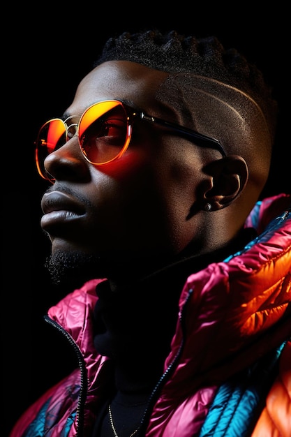 O retrato de onda retrô ou onda de sintetizador de um jovem africano sério e feliz no estúdio modelo masculino de alta moda em luzes de néon brilhantes coloridas posando em fundo preto conceito de design de arte