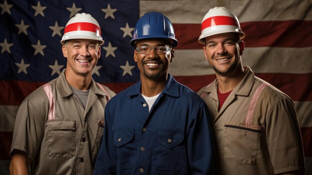 Foto o retrato de três trabalhadores sorrindo no fundo da bandeira americana