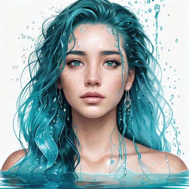 O retrato de uma jovem bonita com cabelo azul e olhos verdes nada na água