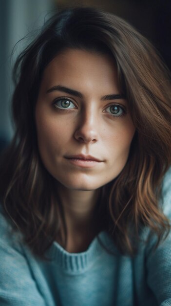 o retrato de uma mulher de cabelo castanho e camisa azul.