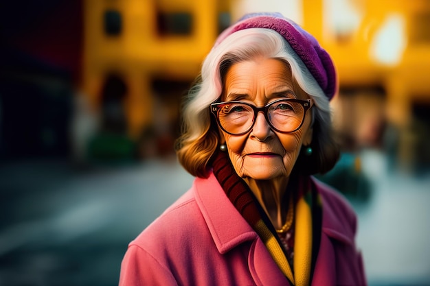 O retrato de uma mulher madura idosa no fundo gera ai