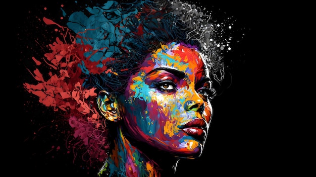 O retrato inexistente da mulher afro-americana em salpicos de cor misturada no fundo preto neural