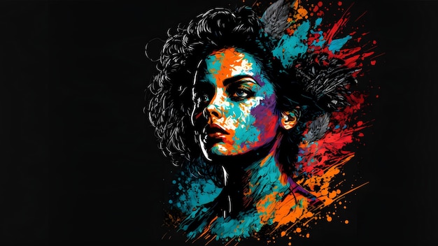 O retrato inexistente da mulher afro-americana em salpicos de cor misturada no fundo preto neural